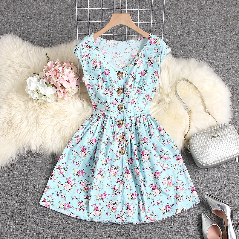 Женское однобортное платье без рукавов ALPHALMODA с цветочным принтом высокой талией