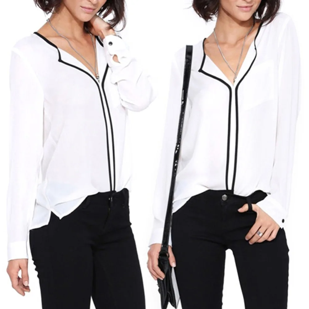 Мода 2016 Женская Повседневная Свободная белая шифоновая блузка с длинным рукавом