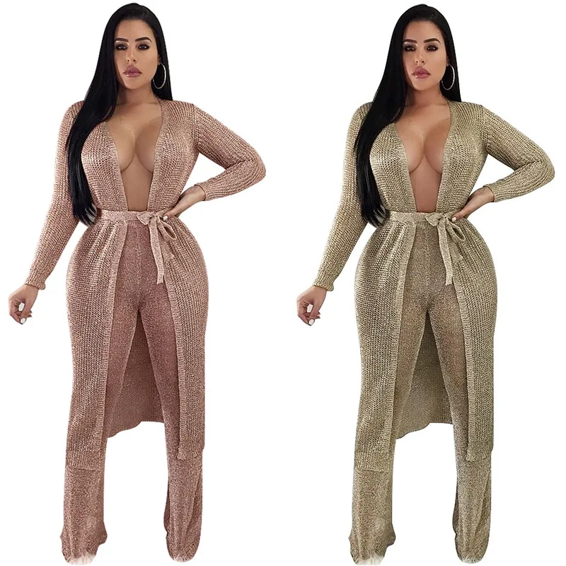 ANJAMANOR Gold Sexy Cardigan Long Coat with Belt 2019 Fall Winter High Quality Woman Wrap Knitted Sweater Outwear D48-BC11 |