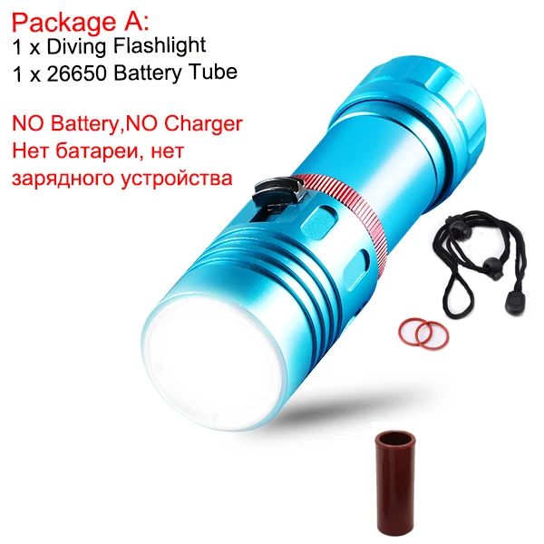Package A Подводный фонарь L2 для дайвинга, профессиональный фонарь, 200 м, для подводного плавания, Диви, кемпинга, бесступенчатая, с затемнением, 18650 или 26650 - Испускаемый цвет: Package A
