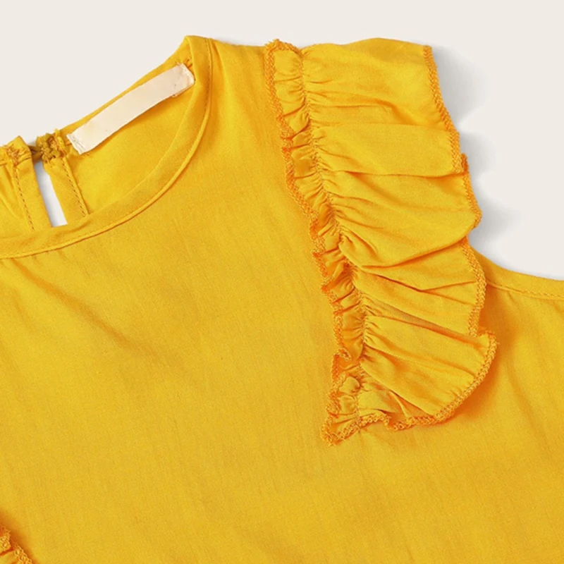 SHEIN/детская блузка для маленьких девочек с оборками и шорты с принтом растений; детская одежда; коллекция года; Летние Праздничные комплекты одежды в стиле бохо