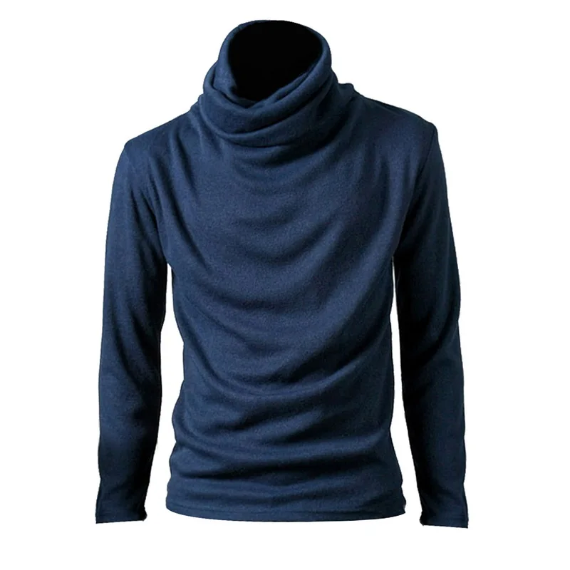 Dark Blue Мужская модная трикотажная футболка с длинным рукавом, тонкий мужской однотонный топ с высоким воротом, хлопковый пуловер, Осенние повседневные базовые футболки - Цвет: Dark Blue