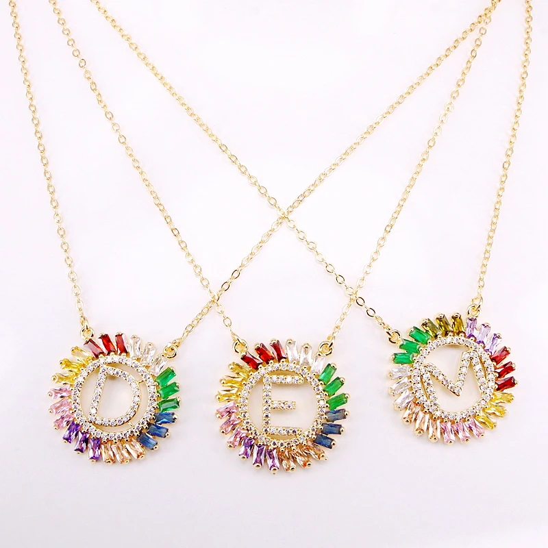 

6PCS, Colorful Zirconia Letter In Round Shaped Pendant Rainbow CZ Micro Paved Elegant Gold Filled Necklaces