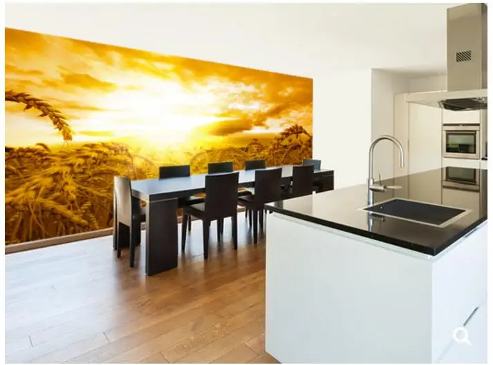 Обои на заказ с природой. Закат над пшеничным полем 3d-фотообои для гостиной