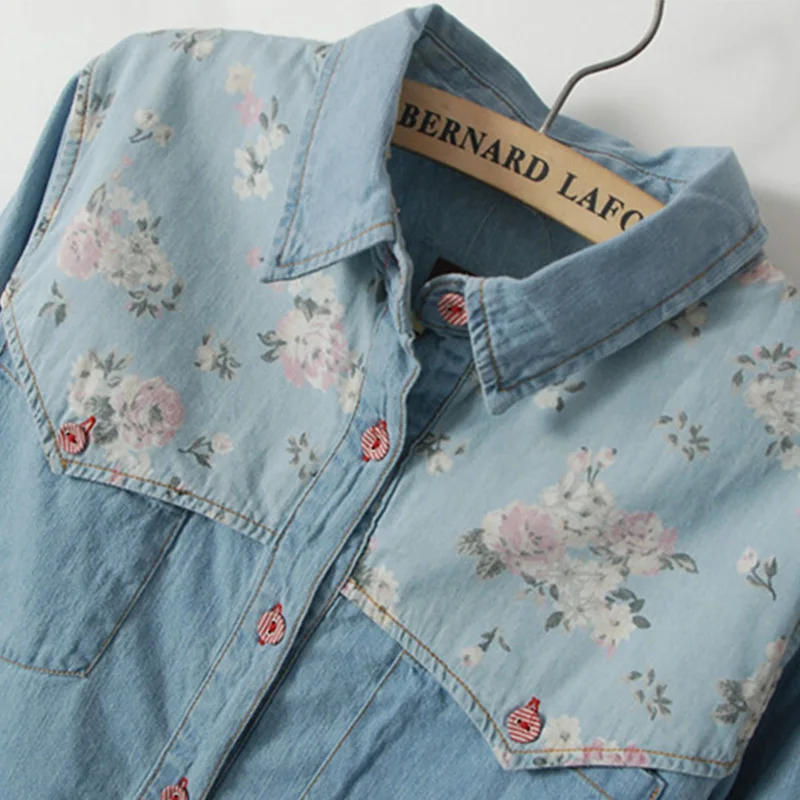 Japanese Mori Style Women Floral Pattern Light Blue Denim Shirt Turn Long Sleeve Down Collar Flowers Printed Jean Shirts | Женская