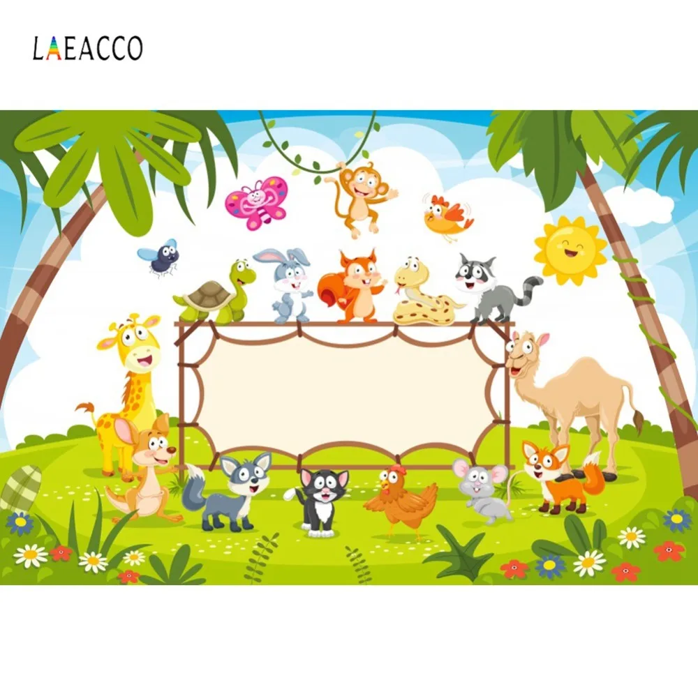 Laeacco джунгли сафари день рождения фоны Детские мультфильм животных Зеленая трава вечерние Портретные фотографии фоны для фотостудии