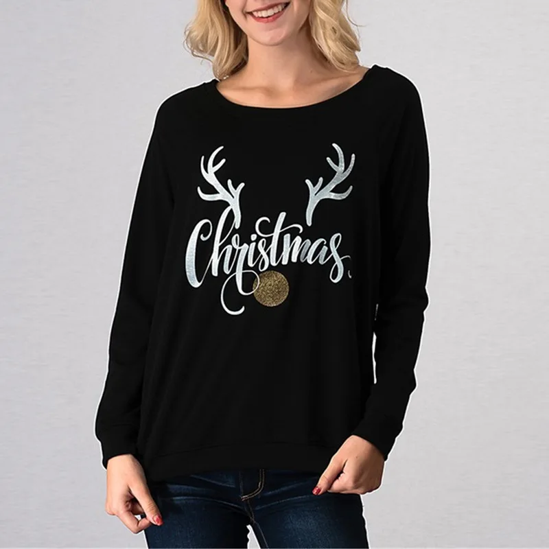 Новый осень-зима Рождественская футболка с Рога лося печати для женские простые