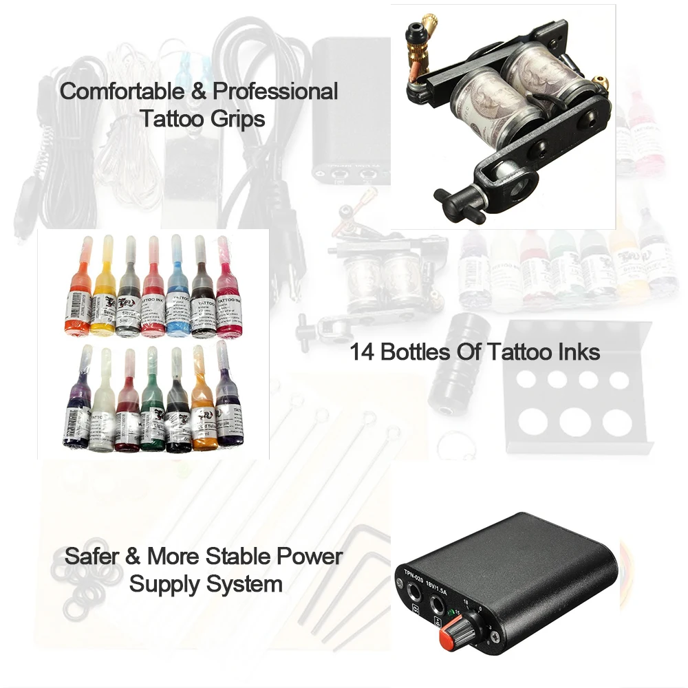 Профессиональный набор тату для полный татуировок с 14 бутылками чернил
