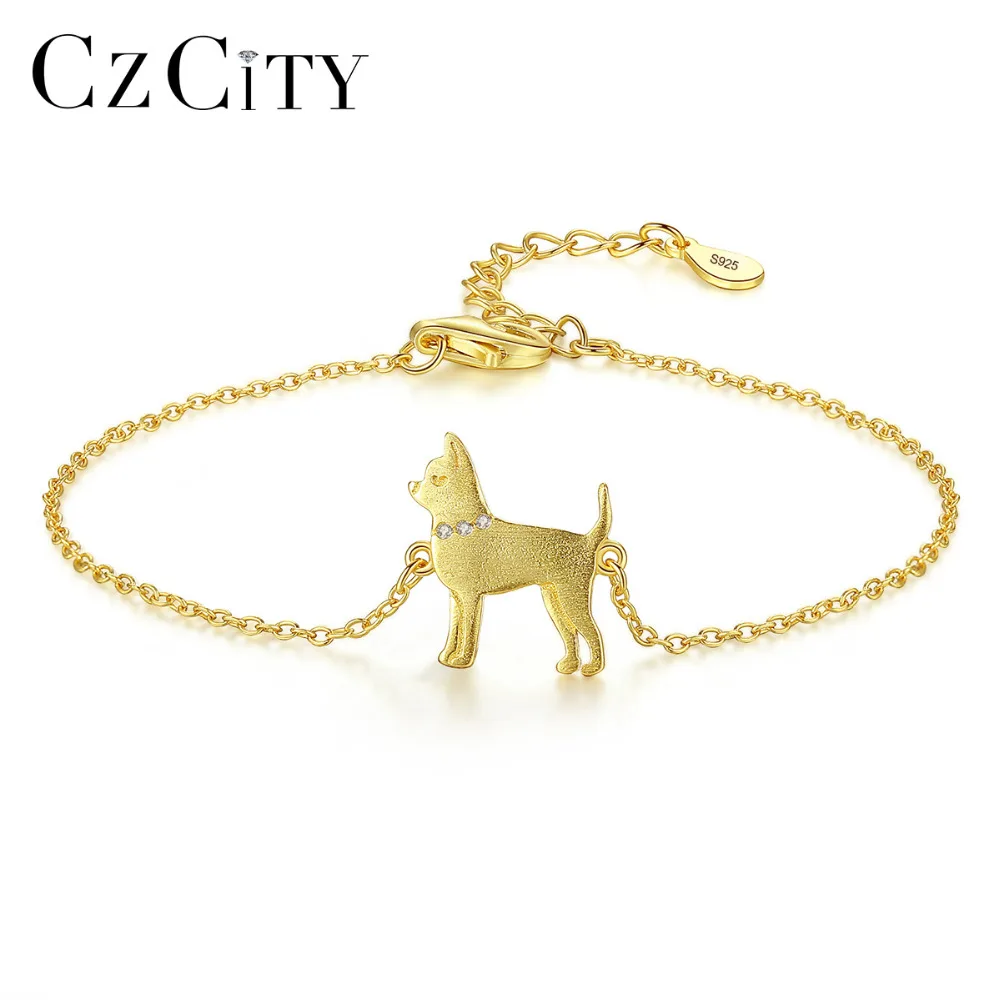 

CZCITY 18k Gold Plated 925 Sterling Silver Dog Bracelets Bangles for Women Lovely Animal Charm Bracelets Christmas Gifts Bijoux