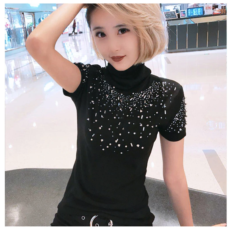 Бриллиантовая хлопковая Футболка женская футболка водолазка плюс размер