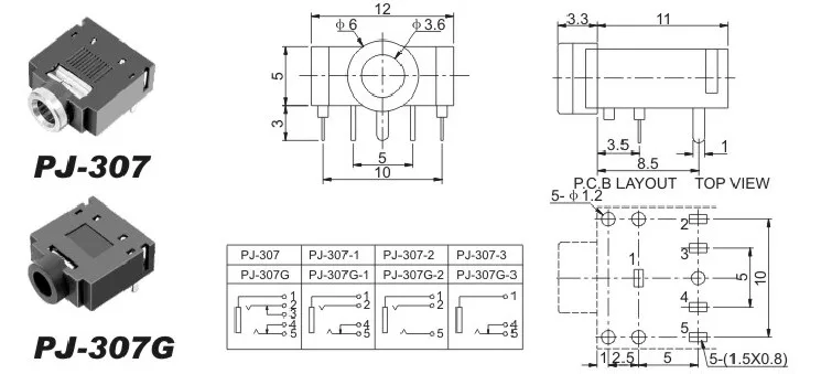 10 шт. 5 Pin PCB Крепление Женский 3,5 мм стерео разъем PJ-307