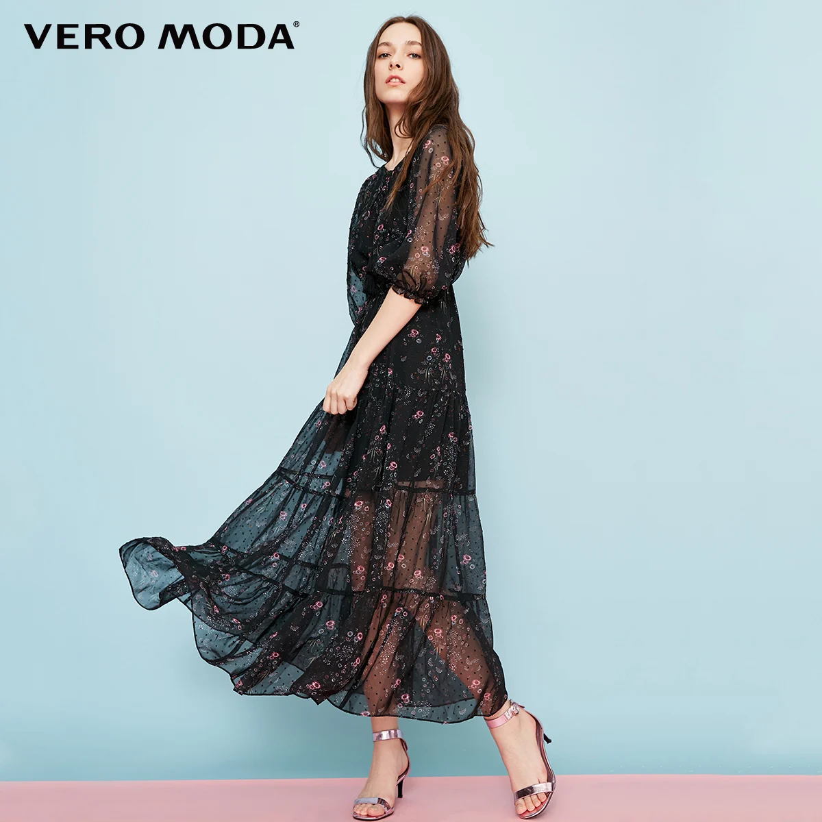 Vero Moda Брендовое новое платье с цветочным узором и рукавом три четверти высокой