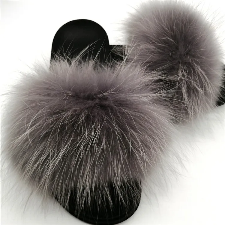 Women Fox Fur Slippers Real Fox Fur Slides Lovely Plush Slippers Woman Summer Home Sandals Women Fur Slides Furry Flip Flops Hot