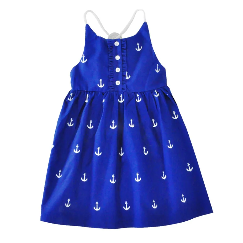 2017 г. Темно-синее платье для девочек с рисунком якоря летние хлопковые милые