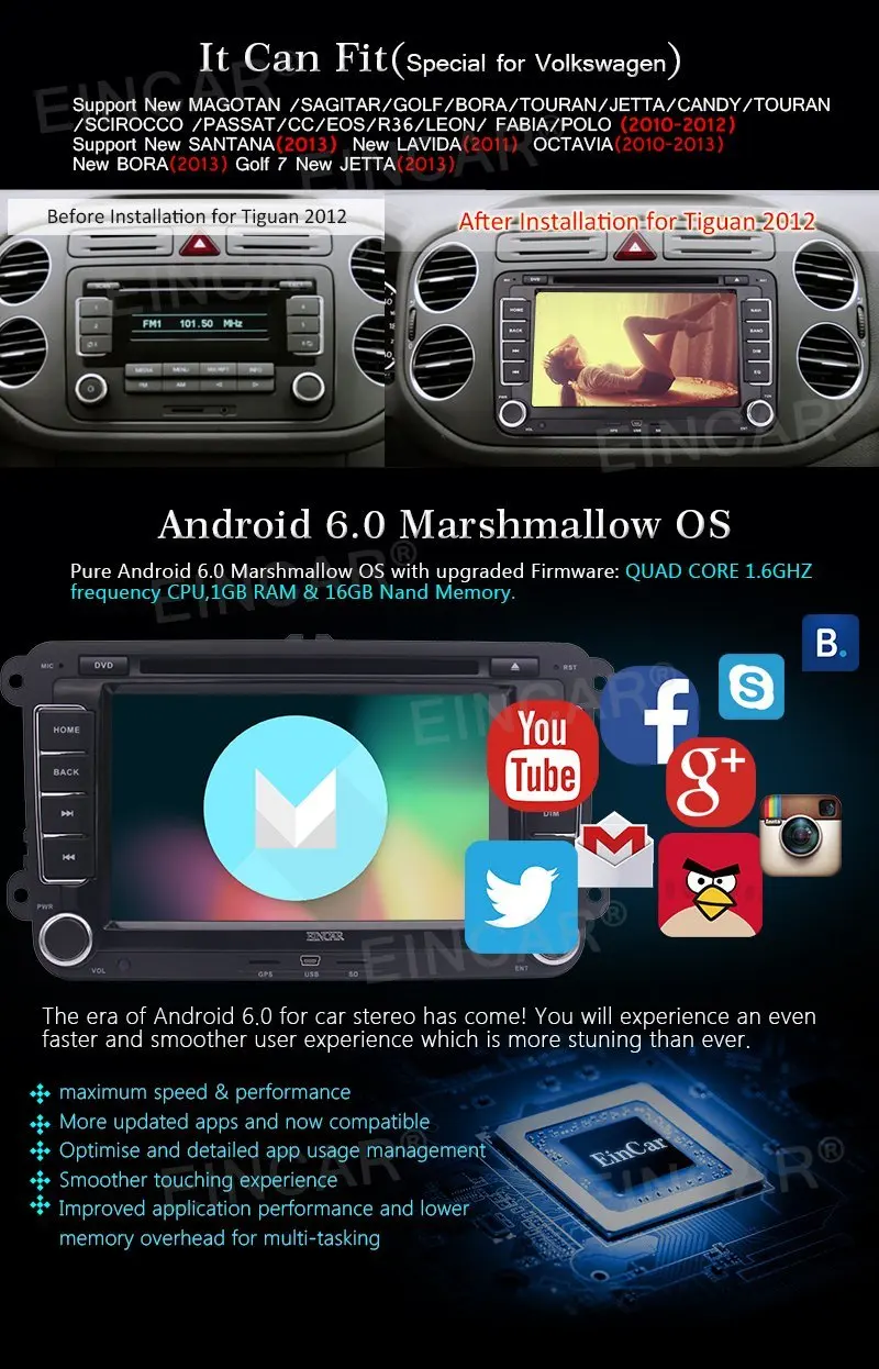 Canbus + Android 6.0 двойной дин стерео головного устройства GPS навигации для VW 7 ''dvd