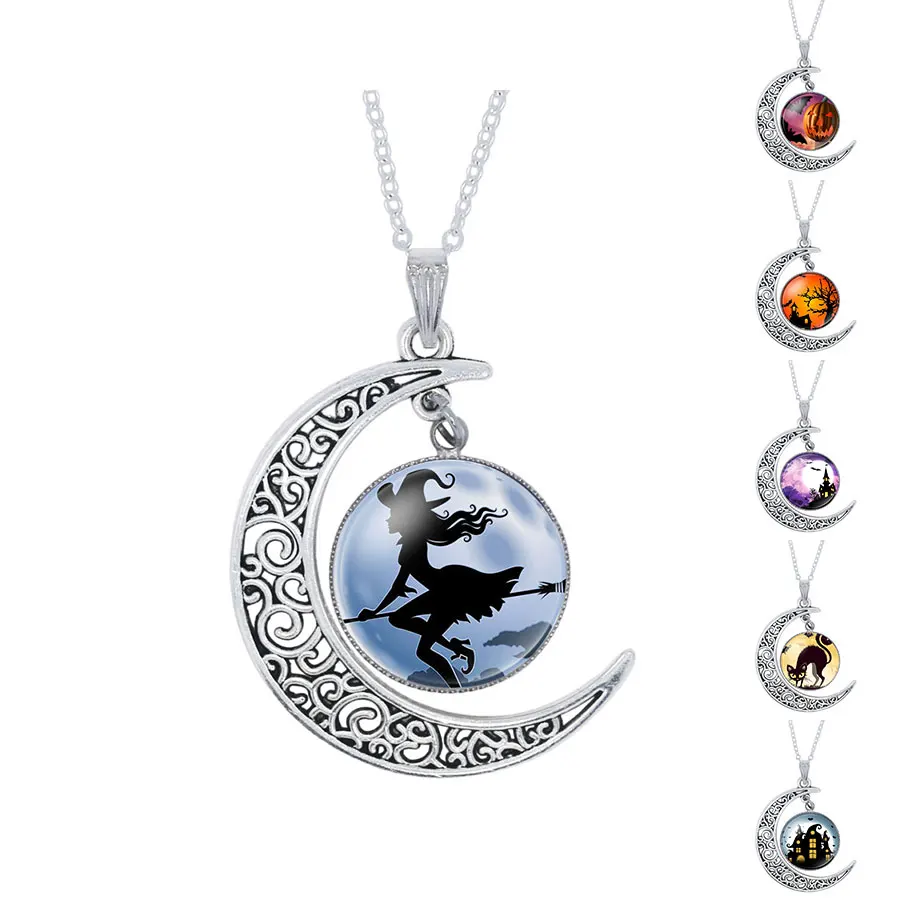 Хэллоуин Черный кот призрак картина стеклянная подвеска с кабошоном ожерелье