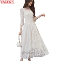 yagenz summer bohemia dress 2021 korean beach ruffled lace long dress high waist fashion five sleeves elegante ladies dresses k2