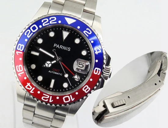 Часы Parnis 40 мм GMT с красной и синей рамкой сапфировым датчиком автоматический