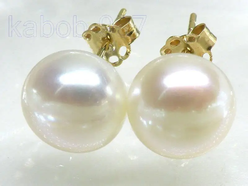 

FINE perfect bread AAA+ 10-10.5mm white akoya pearl earring solid 14K/20 yellow gold