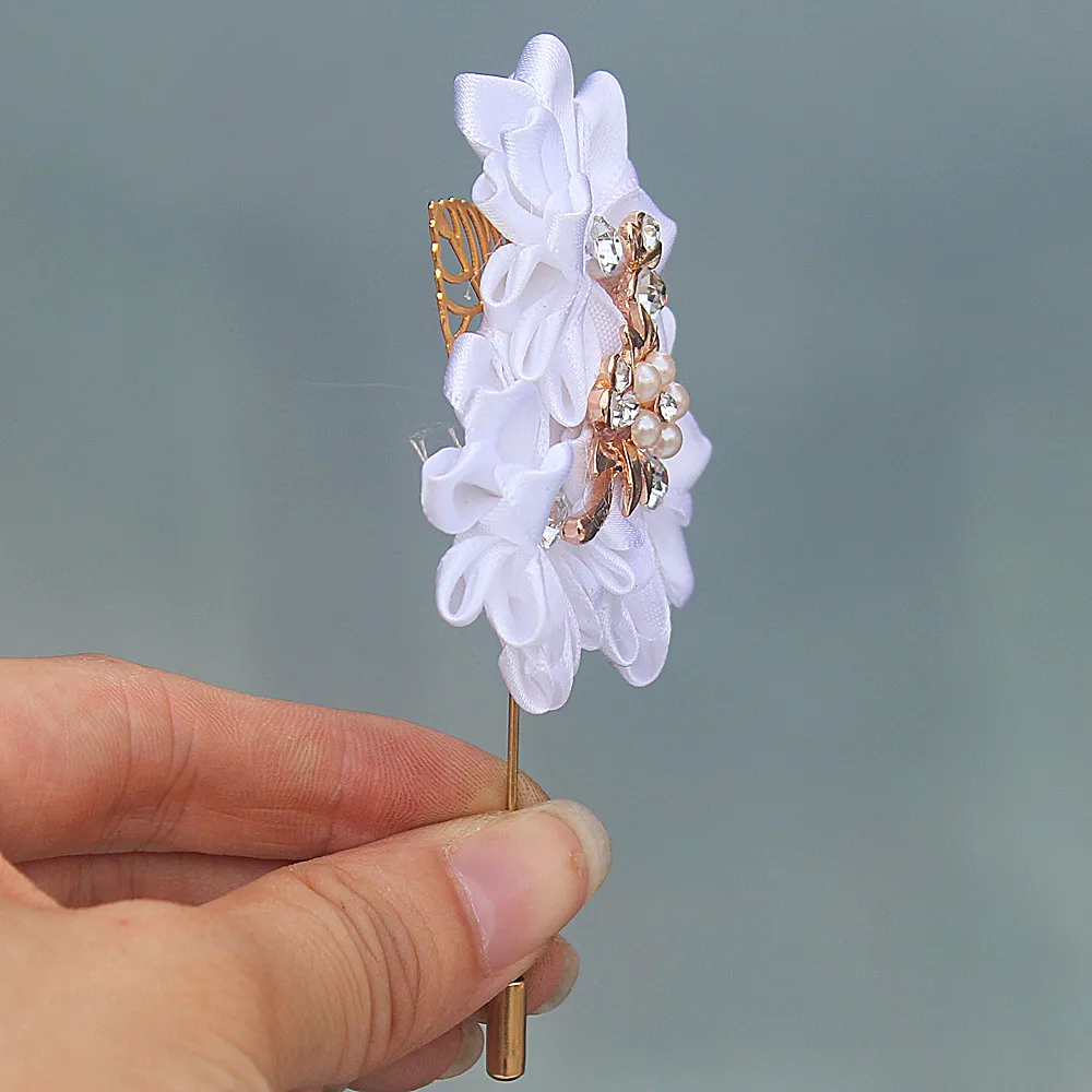 Чистые белые атласные цветы свадебная корсажная булавка с золотыми листьями и