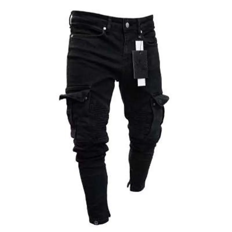 REPPUNK new streetwear hiphop men jeans comfortable cotton elastic slim black big pocket simple male quality denim trousers | Мужская