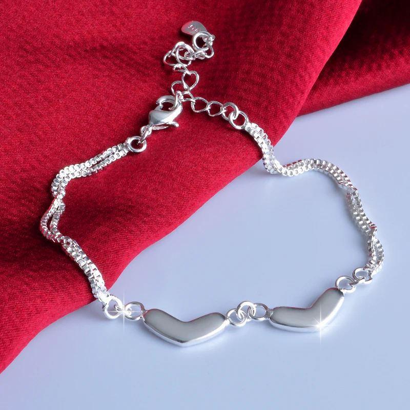 

Elegant Fashion Wedding Bracelet 925 Sterling Silver Chunky Chain Double Heart Bracelets for Women Girl Bride Best Gift