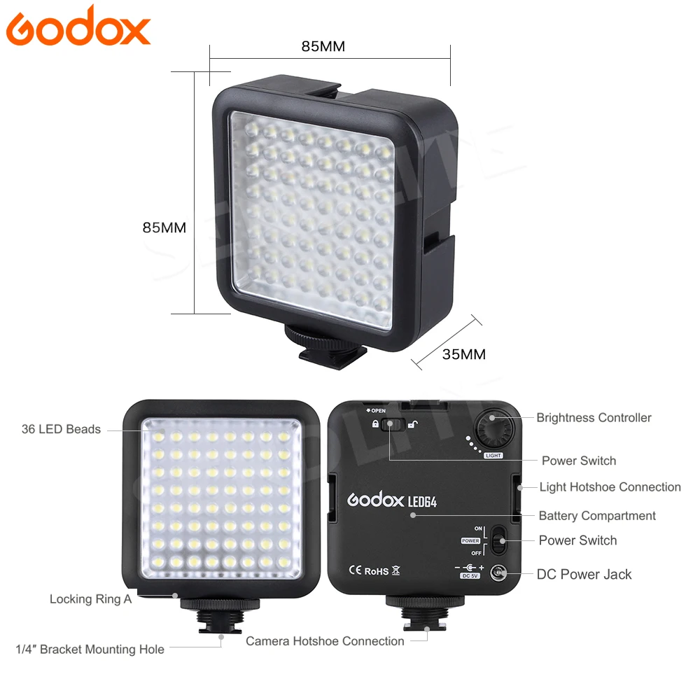 Godox 64 LED Video Camera On-camera Light for DSLR Camcorder mini DVR Selfie News Interview Macrophotography | Электроника