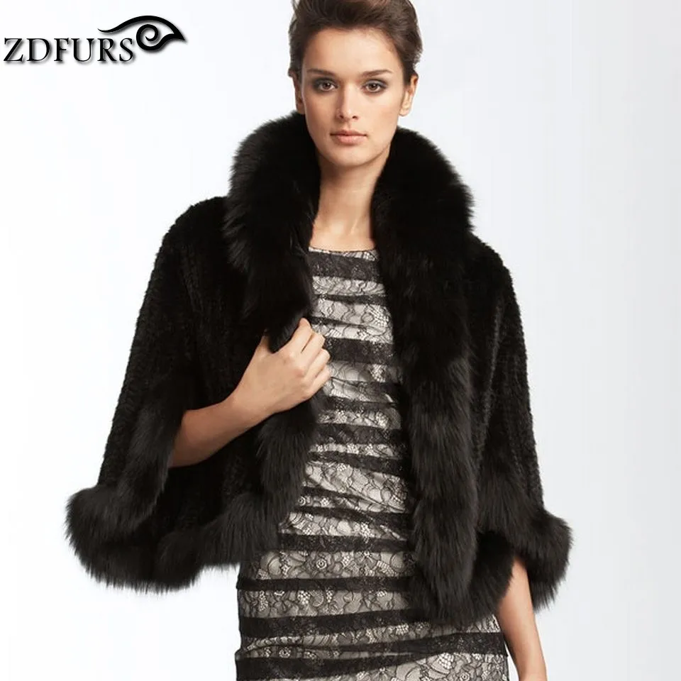 ZDFURS* Новая натуральная вязаная норковая шаль пончо с лисой Обрезка настоящая норковая Меховая куртка модная женская ZDKM-166001