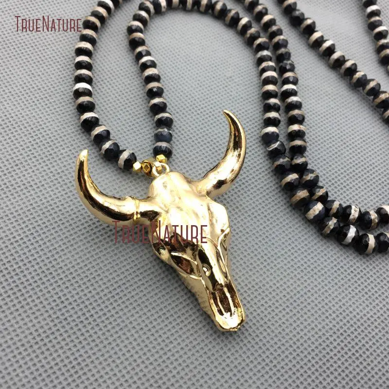 

Elegant Beads Stone Necklace Resin Full Gold Finish Cattle Head Charm Necklace Dzi Agates Yoga Boho Agates Women Necklace NM4319