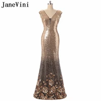 janevini luxury gold sequins mother of the bride dresses robe cap sleeve rose pattern sexy v neck backless mermaid evening dress