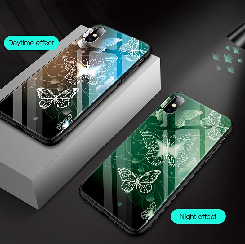 Роскошный светящийся чехол из закаленного стекла для телефона для iPhone 6 6s 7 8 Plus ночной светящийся чехол для телефона для iPhone X XR XS Max задняя крышка Coque