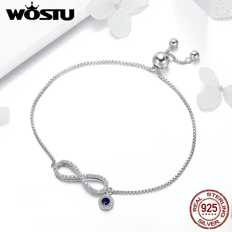 WOSTU, 925 пробы, Серебряный сверкающий бесконечный женский браслет на цепочке, свадебное регулируемое серебряное ювелирное изделие, подарок CQB087