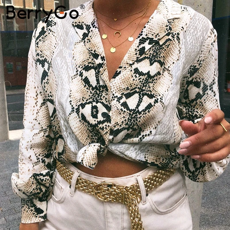 BerryGo змеиный принт блузка женская фонарь рукав Повседневная Уличная рубашка Топ v