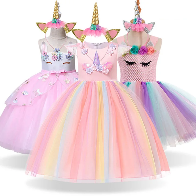 Girls Unicorn Tutu Dress Summer 2019 Rainbow Princess Kids Party Christmas Halloween Pony Cosplay Costume 3-10T | Детская одежда и