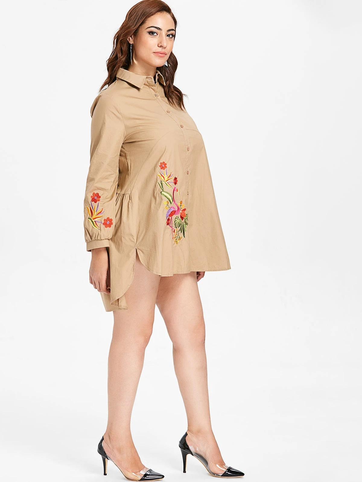 Воспламеняющимися Фламинго вышивка плюс Размеры рубашка платье футболка