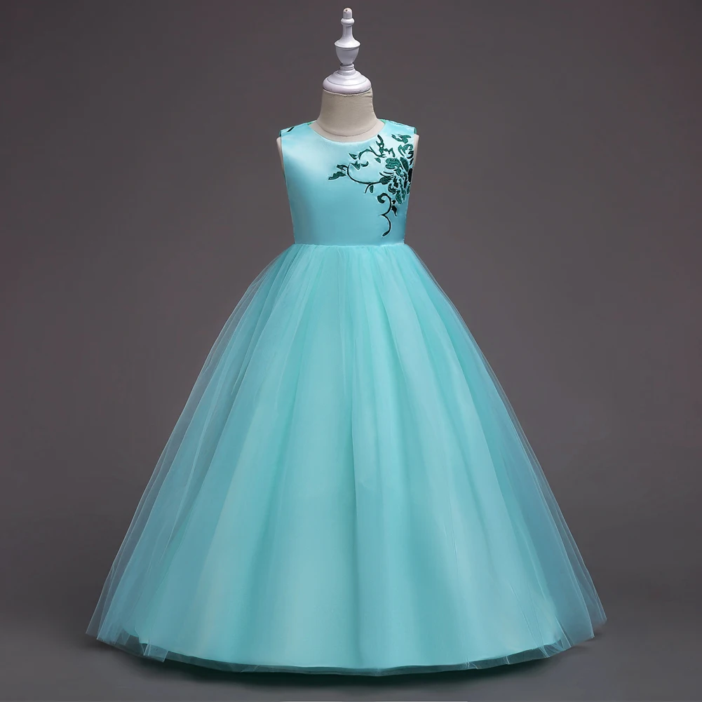 New Arrival 2019 Mint Green Light Blue Lavender White Embroidery Flowers Princess Long Dress Eveving Party for Wedding Girls | Детская