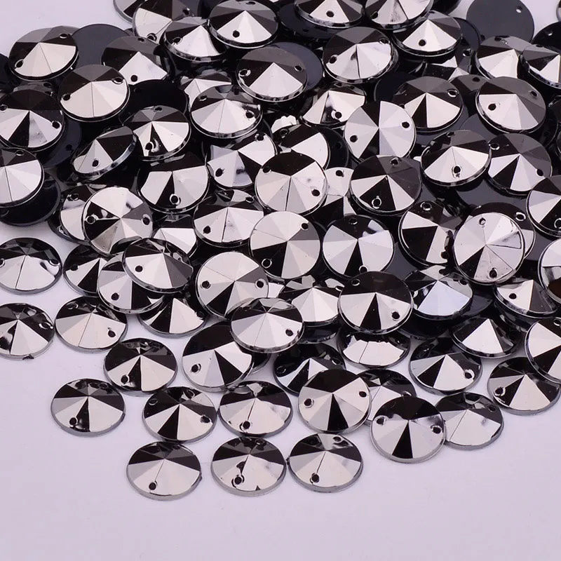 Jet Hematite JUNAO 10 мм Пришивные блестящие черные AB Стразы риволи аппликация плоские с оборота акриловые драгоценные камни шитье хрустальных камней для рукоделия одежды - Цвет: Jet Hematite