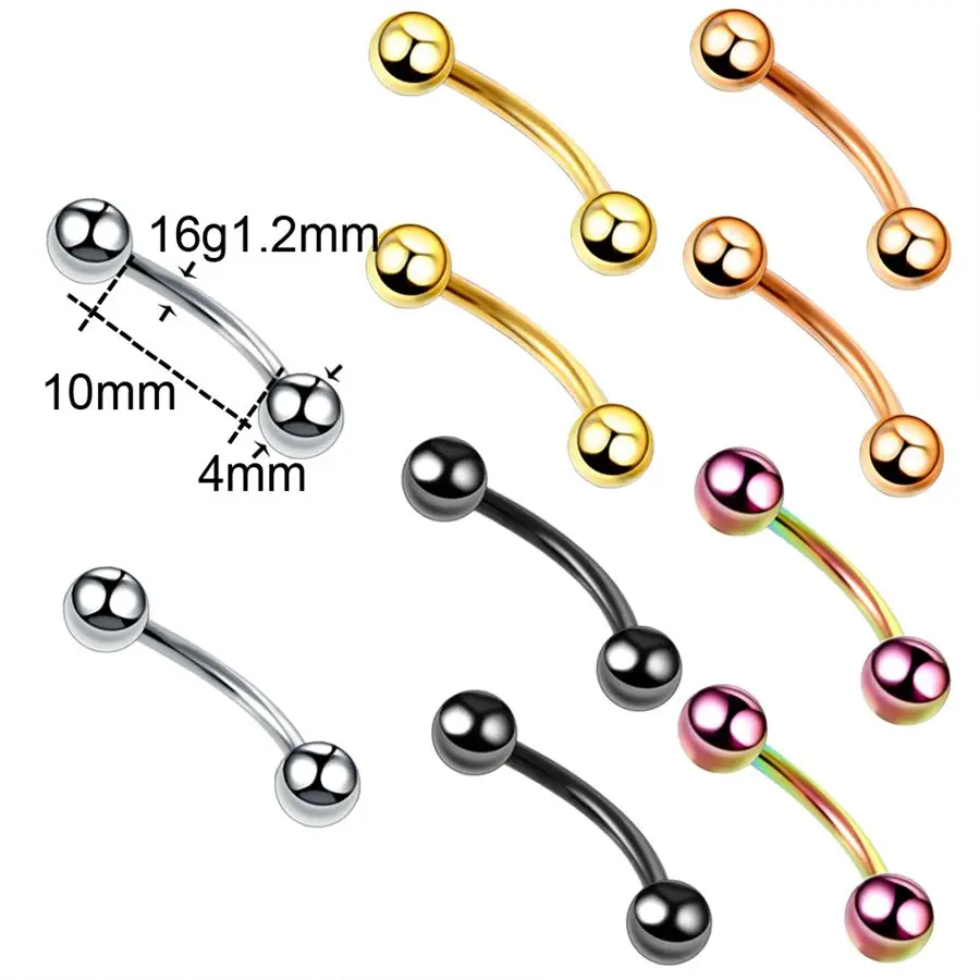 Eyebrow 1.2x10x4mm 10 шт./партия, стальной сегмент, кольцо, смешанные цвета, нос, губы, брови, язык, Спиральные серьги, кольца, неполные кольца с шариками, пирсинг тела, ювелирные изделия 16 г - Окраска металла: Eyebrow 1.2x10x4mm
