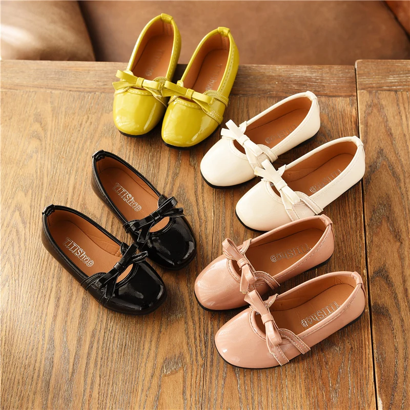 

JY Spring Children Girls Bright Pu Shoes Pure color Bowknot Flat Bean Casual Shoes 21-36 4colors P06