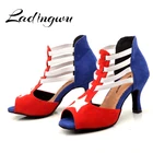 Ladingwuтуфли для латинских танцев; женские замшевые туфли красного, синего и белого цвета на высоком тонком каблуке 7,5 см; Бальные Танцевальные Туфли для сальсы