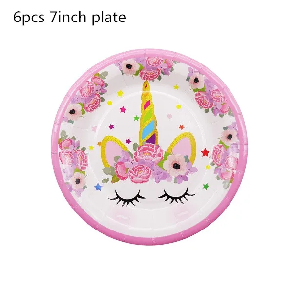 6pcs 7inch plate Вечерние украшения в виде единорога для девочек, топперы для торта на день рождения, тематические бумажные стаканчики в виде единорога, шляпы, салфетки, скатерть, Детские Подарочные вечерние принадлежности - Цвет: 6pcs 7inch plate