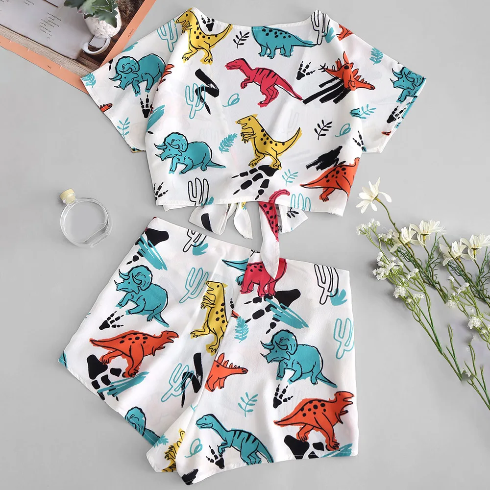 ZAFUL женские комплекты короткий топ с узелком динозавра и шорты на молнии высокой