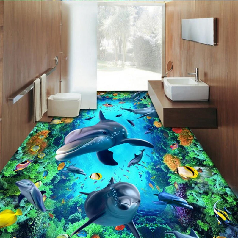 3D обои на стену самоклеющиеся ПВХ для ванной комнаты|floor 3d|dolphin floorphoto wallpaper |