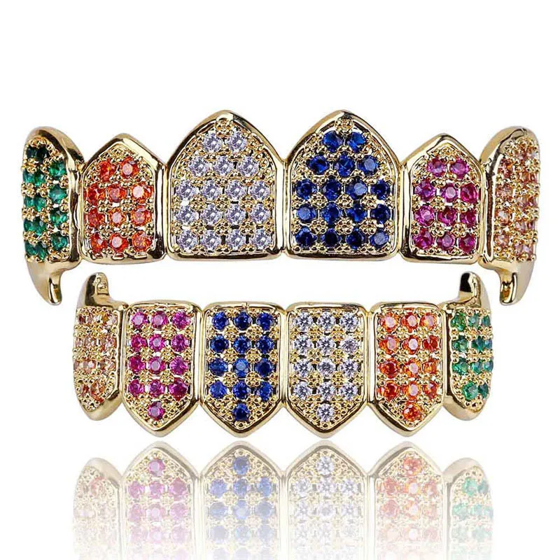 Разноцветные зубы Grillz Iced Out AAA циркон сверху и снизу набор зубов для мужчин и женщин подарки Мода вампирский зуб Grillz