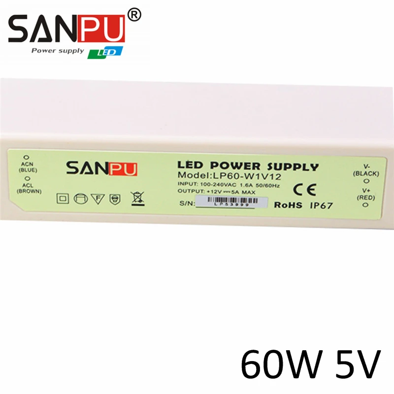 Светодиодный импульсный источник питания 5V 12A тонкий водонепроницаемый 60W SANPU AC