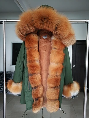 Furlove, Женское зимнее пальто, верхняя одежда, теплое, натуральный, большой, енот, меховой воротник, натуральный мех, парка, искусственный мех, подкладка, армейский зеленый, парки - Цвет: color 32 fox fur