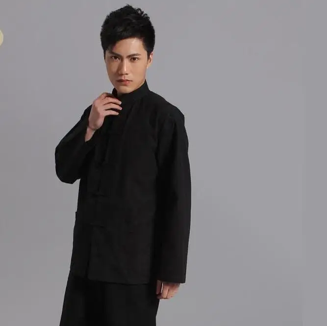 Китайский с длинным рукавом Хлопок Стиль Мужская Кунг-Повседневная рубашка