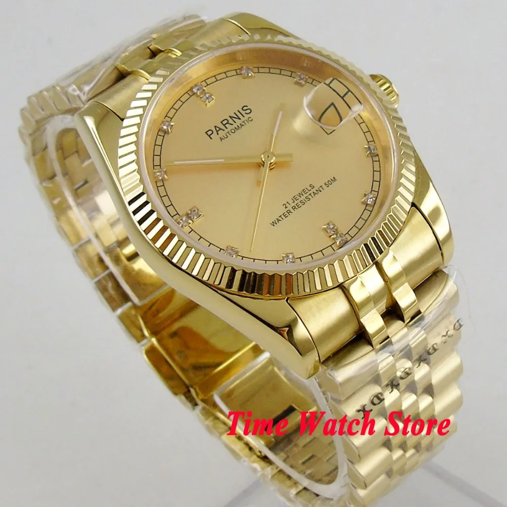 Парнис 36 мм полностью золотые мужские наручные часы сапфировое стекло 21 jewels Miyota