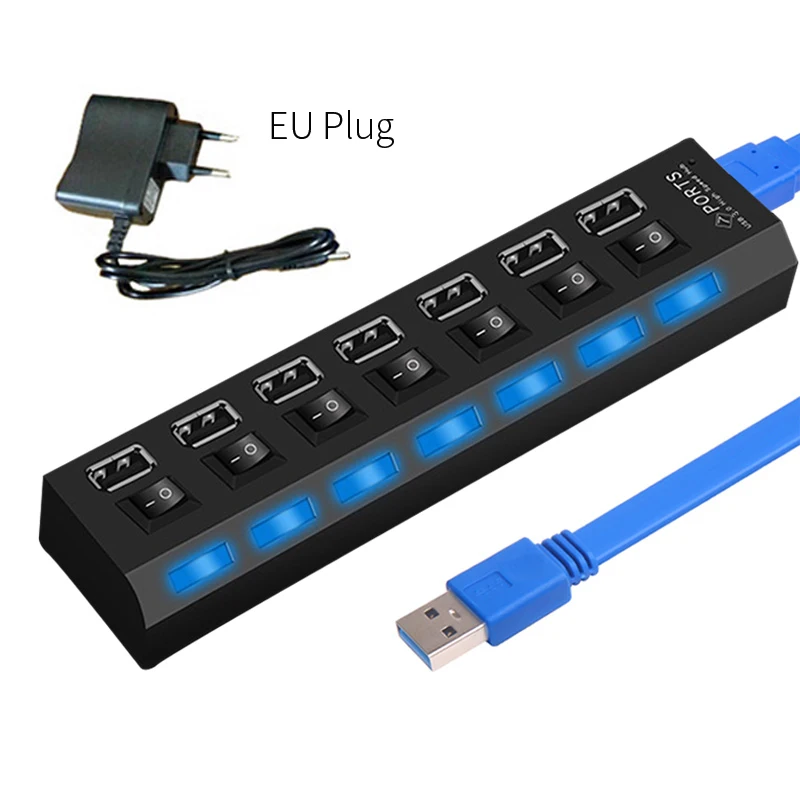 Высокоскоростной usb-разветвитель OUSU 5G 4 7 портов мини-usb-концентратор с несколькими портами 3,0 переключатель hab usb-концентратор с адаптером питания компьютерные ПК Аксессуары - Цвет: 7 Ports 3.0 black EU
