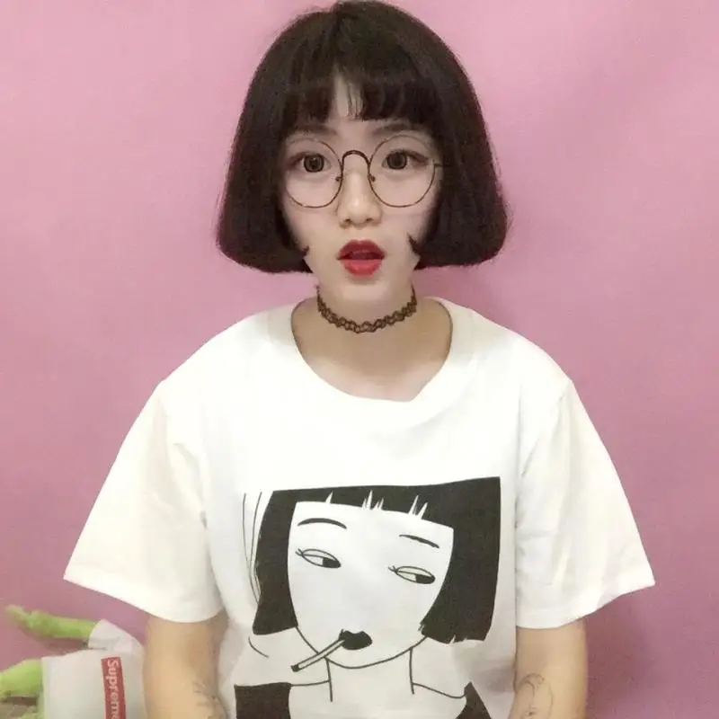 Новая модная повседневная футболка с короткими рукавами и принтом Smooking Girl |